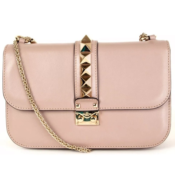 VALENTINO GARAVANI Rockstud Glam Medium Lock Shoulder Poudre Pink Bag Purse - Picture 1 of 14